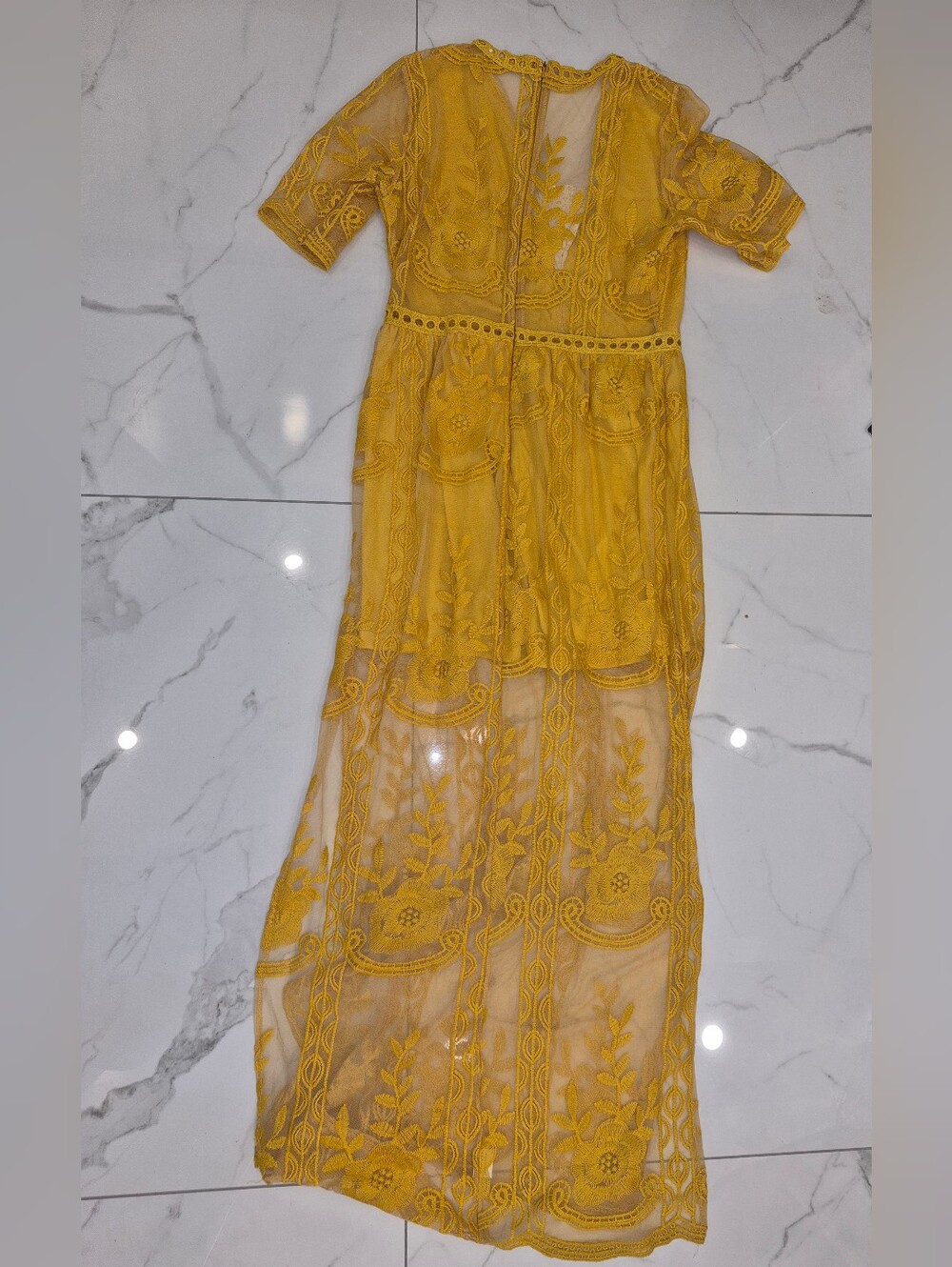 Elegant Yellow Embroidered Maxi Dress with Sheer Floral Overlay